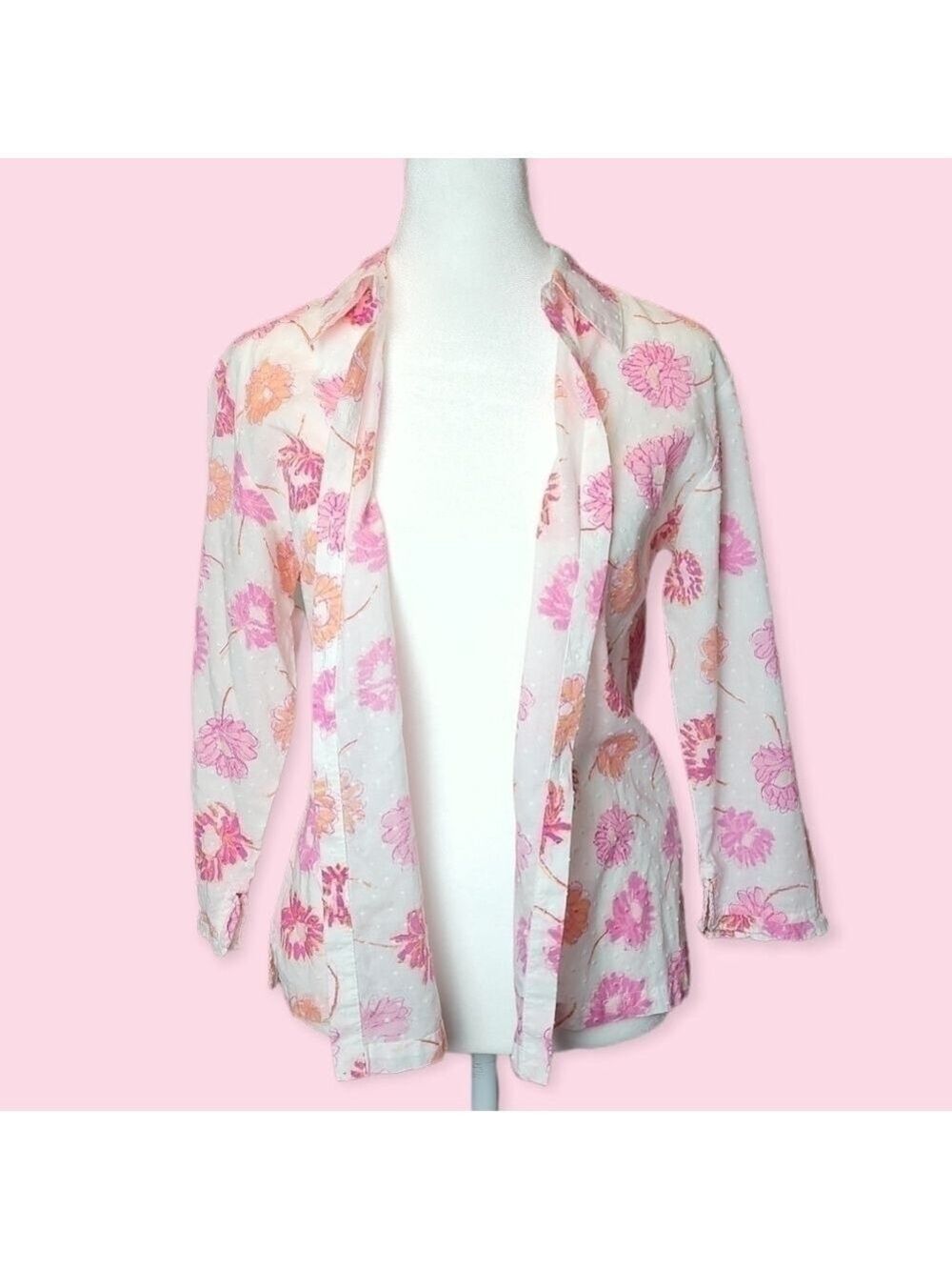 Coquette Vintage 90s Pink Floral Swiss Dot Cotton Button Up Shirt Blouse Small